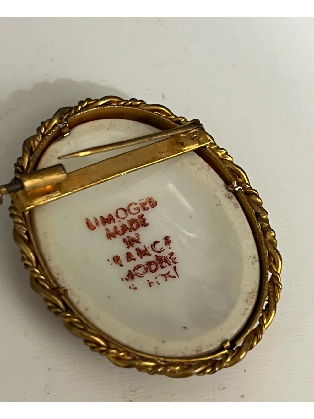 Limoges France Brooch Mahatma Gandhi Porcelain Hand-Painted, Gold Gilt Frame